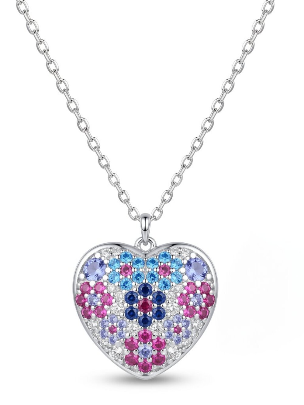 Blue & Pink Mosaic Heart Gemstone Necklace, 925 Sterling Silver Y2K Aesthetic